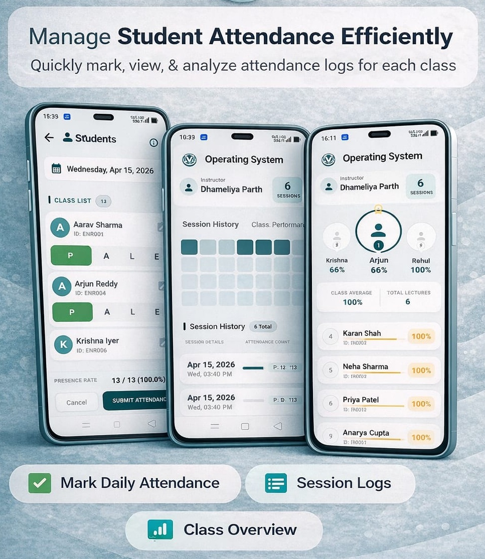 Marking student attendance and viewing session history in the Veda teacher app