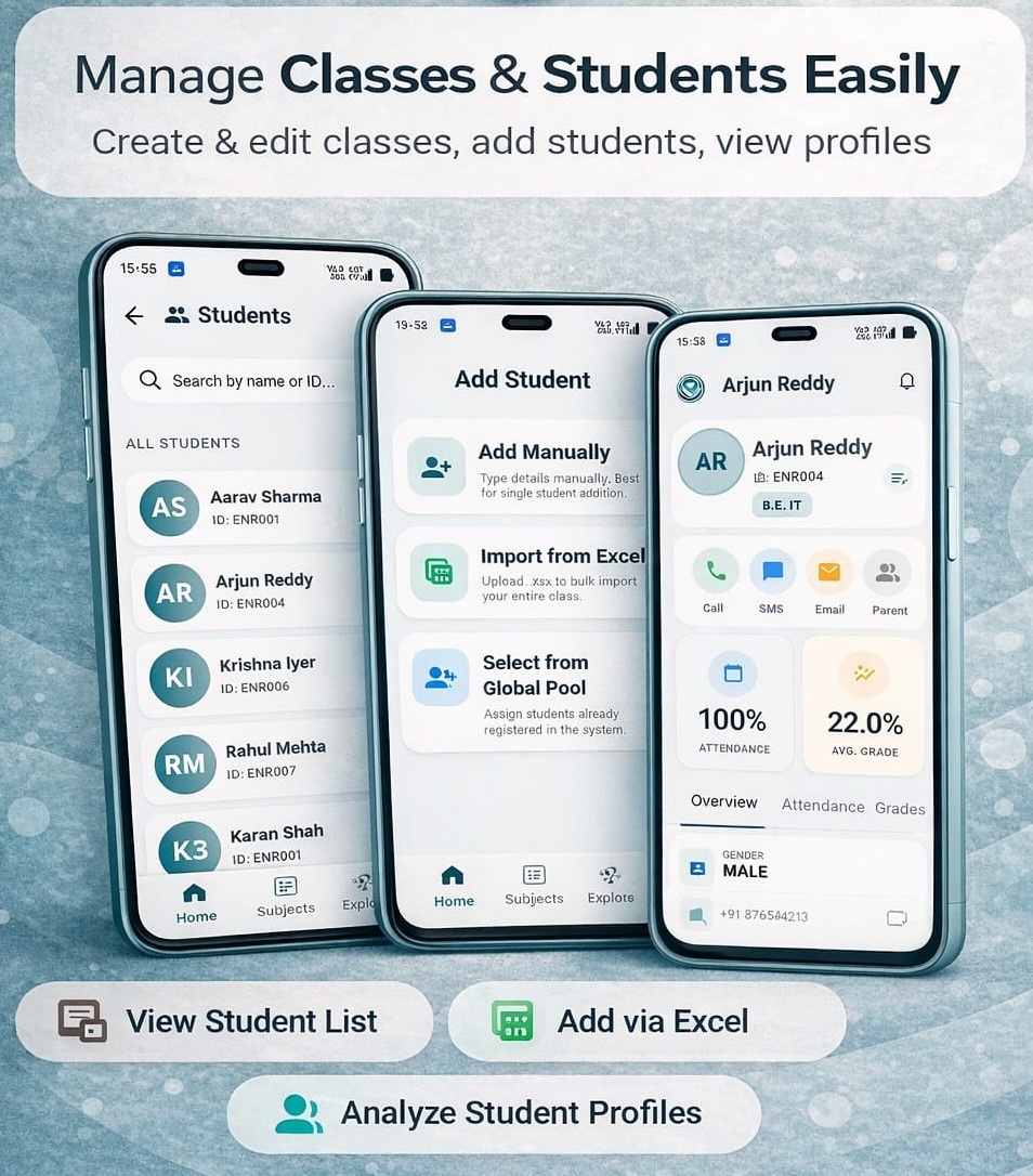 Student profile with attendance percentage and average grade in the Veda teacher app